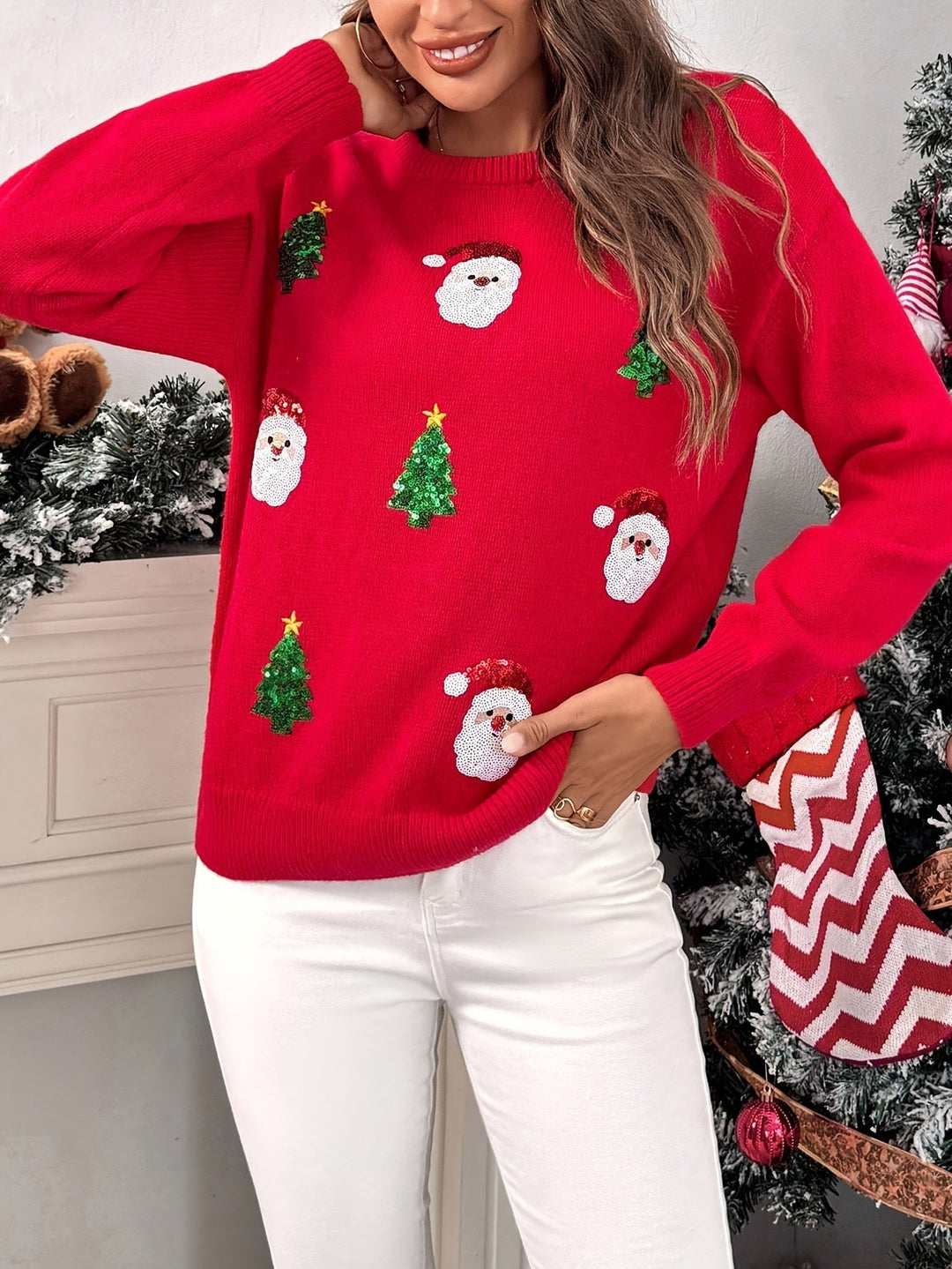 Easy Red Sequin Christmas Sweater for Women with Crew Neck Long Sleeve Sequin Santa Relaxed Fit Knit Style