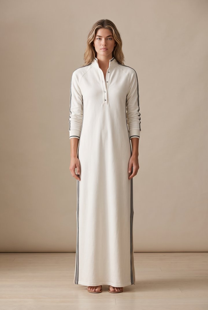 White-Trimmed Button-Down Collar Sweatshirt Maxi Dress
