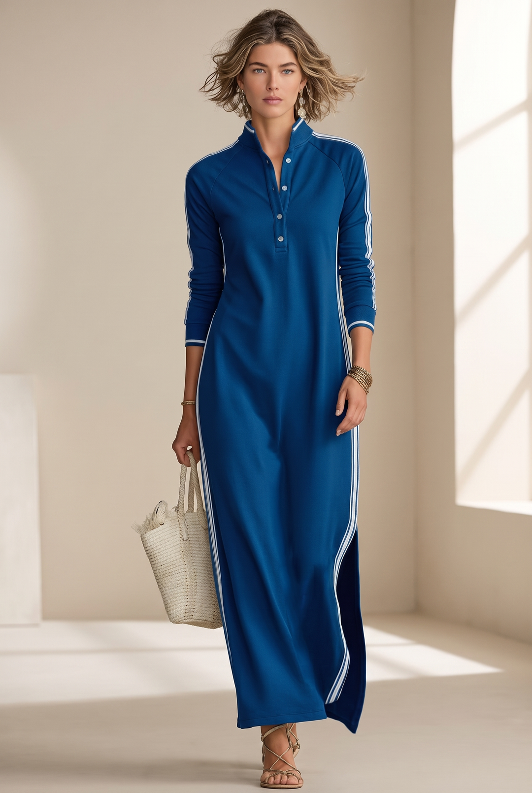 White-Trimmed Button-Down Collar Sweatshirt Maxi Dress