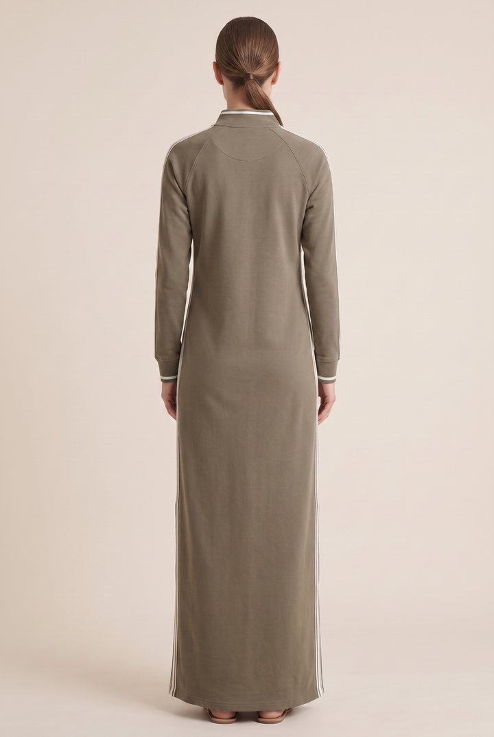 White-Trimmed Button-Down Collar Sweatshirt Maxi Dress