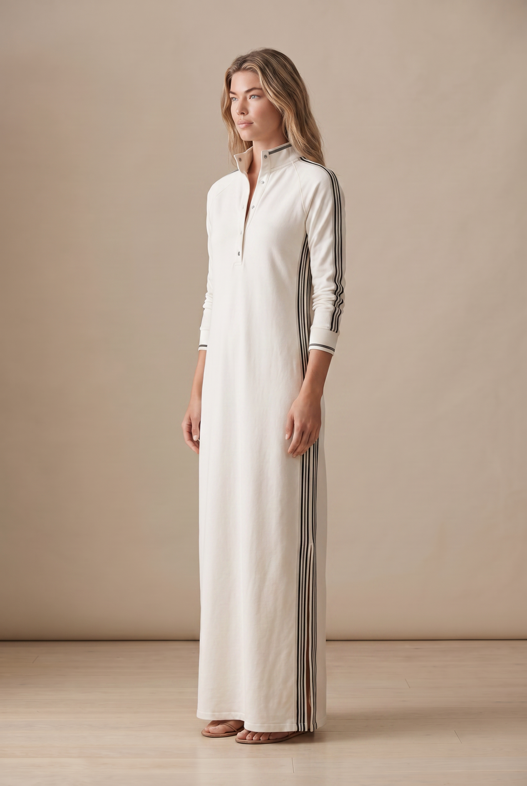 White-Trimmed Button-Down Collar Sweatshirt Maxi Dress