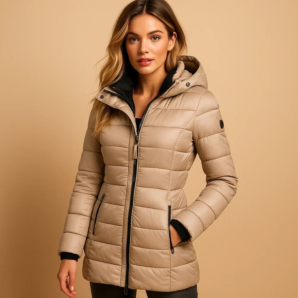 Grace | Puffer Jacket Quilted Winter Warm Hooded Lightweight Zip Up Mid Length Stand Collar