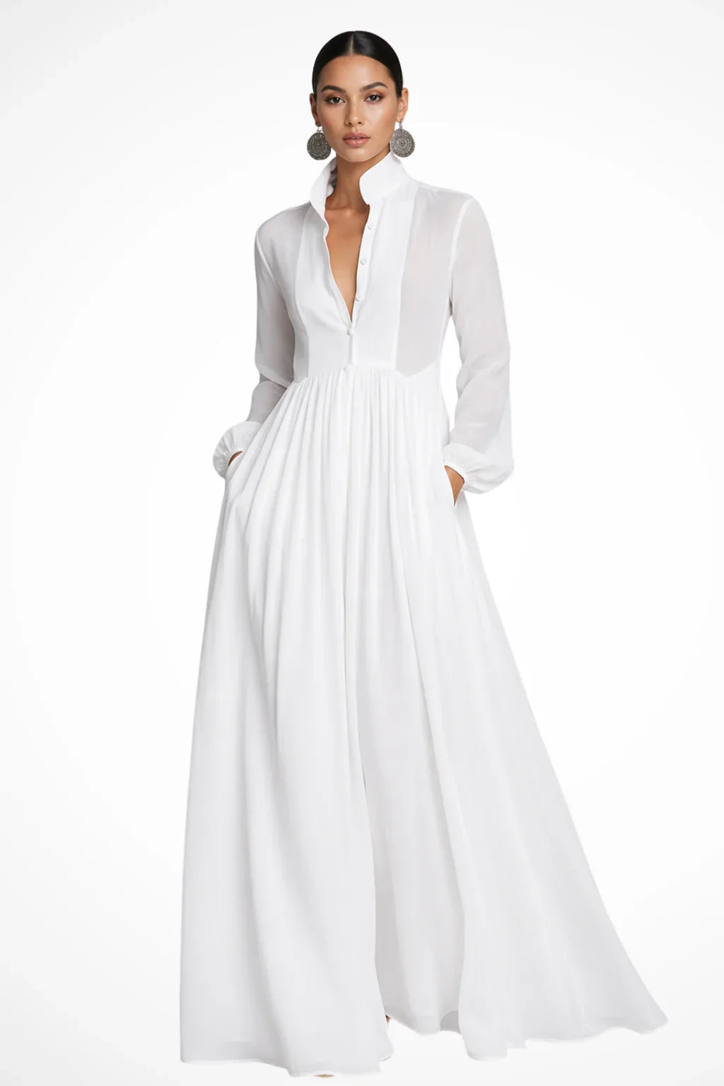 Rowena | Button Front Evening Maxi Dress with Pockets and Long Sleeves