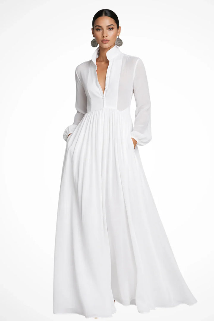 Rowena | Button Front Evening Maxi Dress with Pockets and Long Sleeves