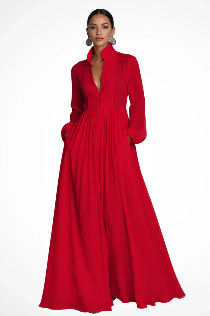 Rowena | Button Front Evening Maxi Dress with Pockets and Long Sleeves