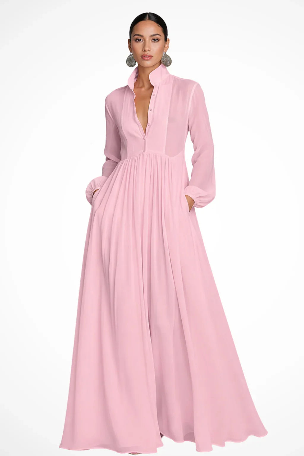 Rowena | Button Front Evening Maxi Dress with Pockets and Long Sleeves
