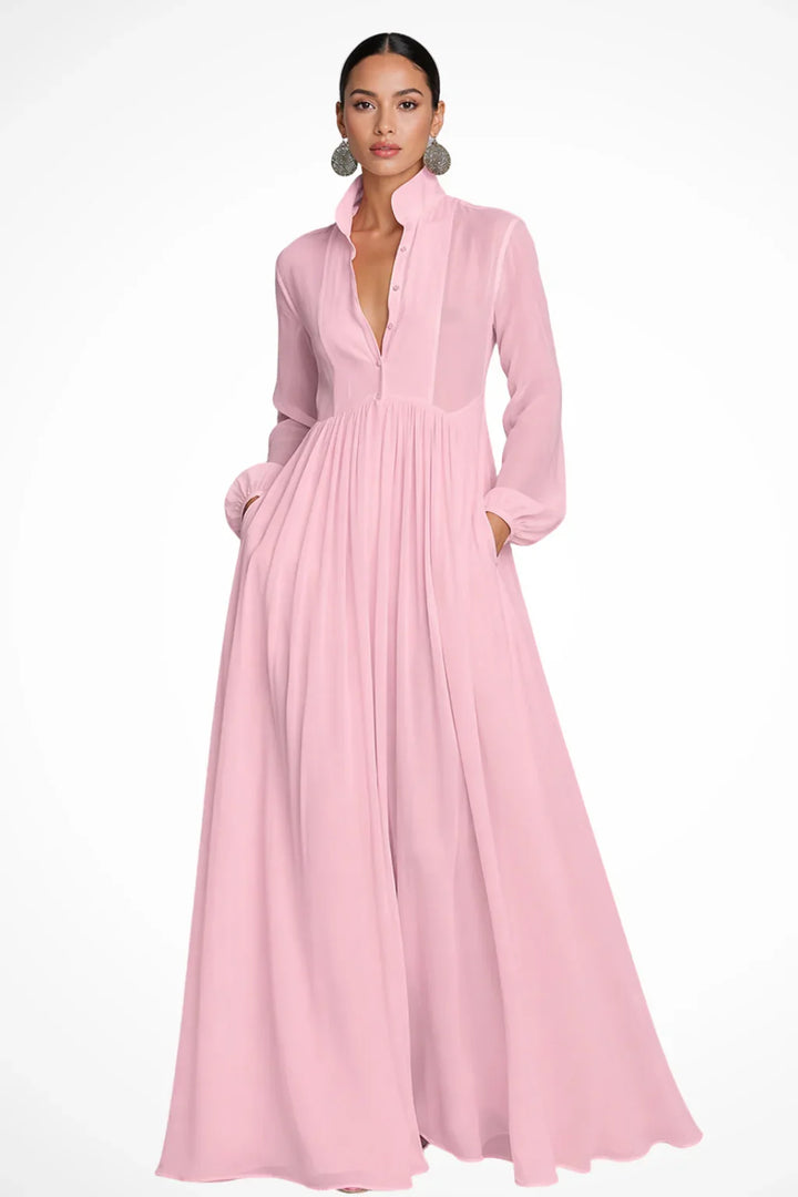 Rowena | Button Front Evening Maxi Dress with Pockets and Long Sleeves