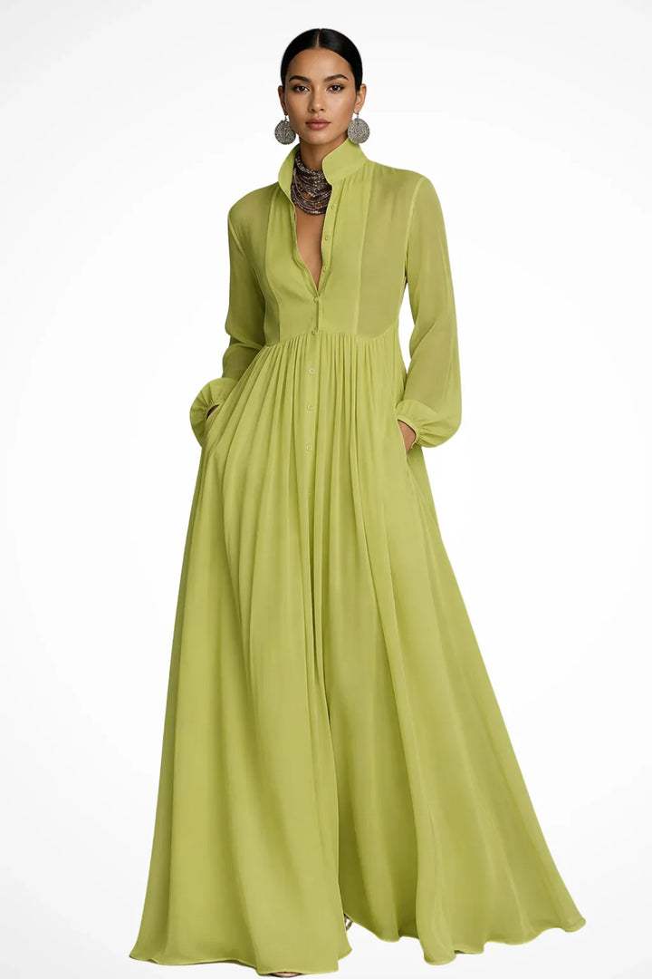 Rowena | Button Front Evening Maxi Dress with Pockets and Long Sleeves