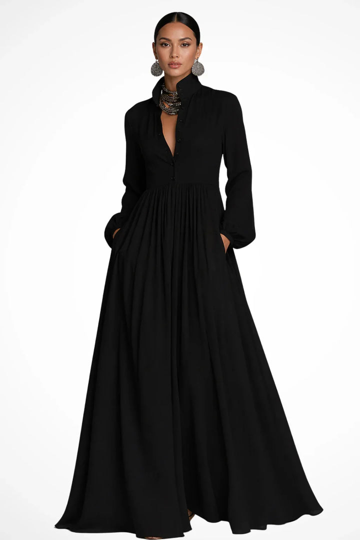 Rowena | Button Front Evening Maxi Dress with Pockets and Long Sleeves