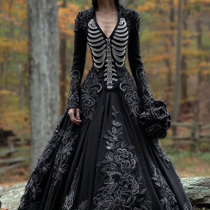Morticia | Women’s V-Neck Long-Sleeve Skeleton Embroidered Gothic Halloween Gown